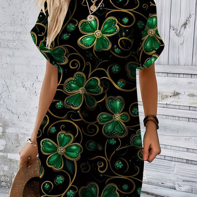 Schwarzes Damenkleid mit grünem Kleeblatt und goldenem Muster – Elastisch