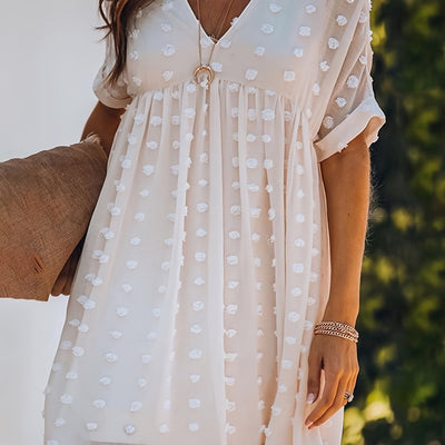 Damen-Sommerkleid aus weißem Erbsentüll mit leichtem V-Ausschnitt