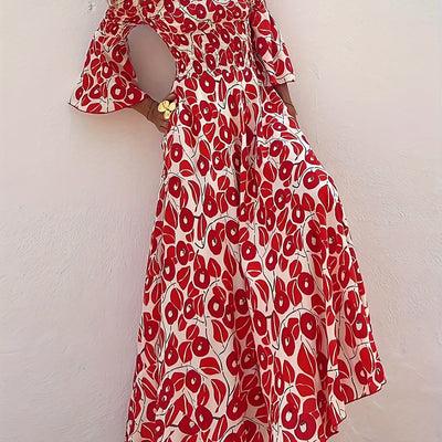 Maxikleid mit Rüschen - trägerlos mit blauen und roten Motiven