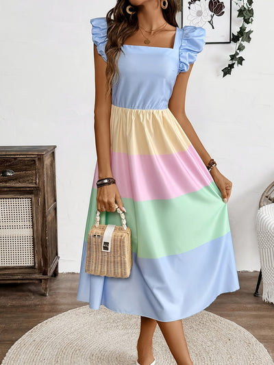 Gestreiftes Damenkleid Quadratischer Ausschnitt, Puffärmel Blau