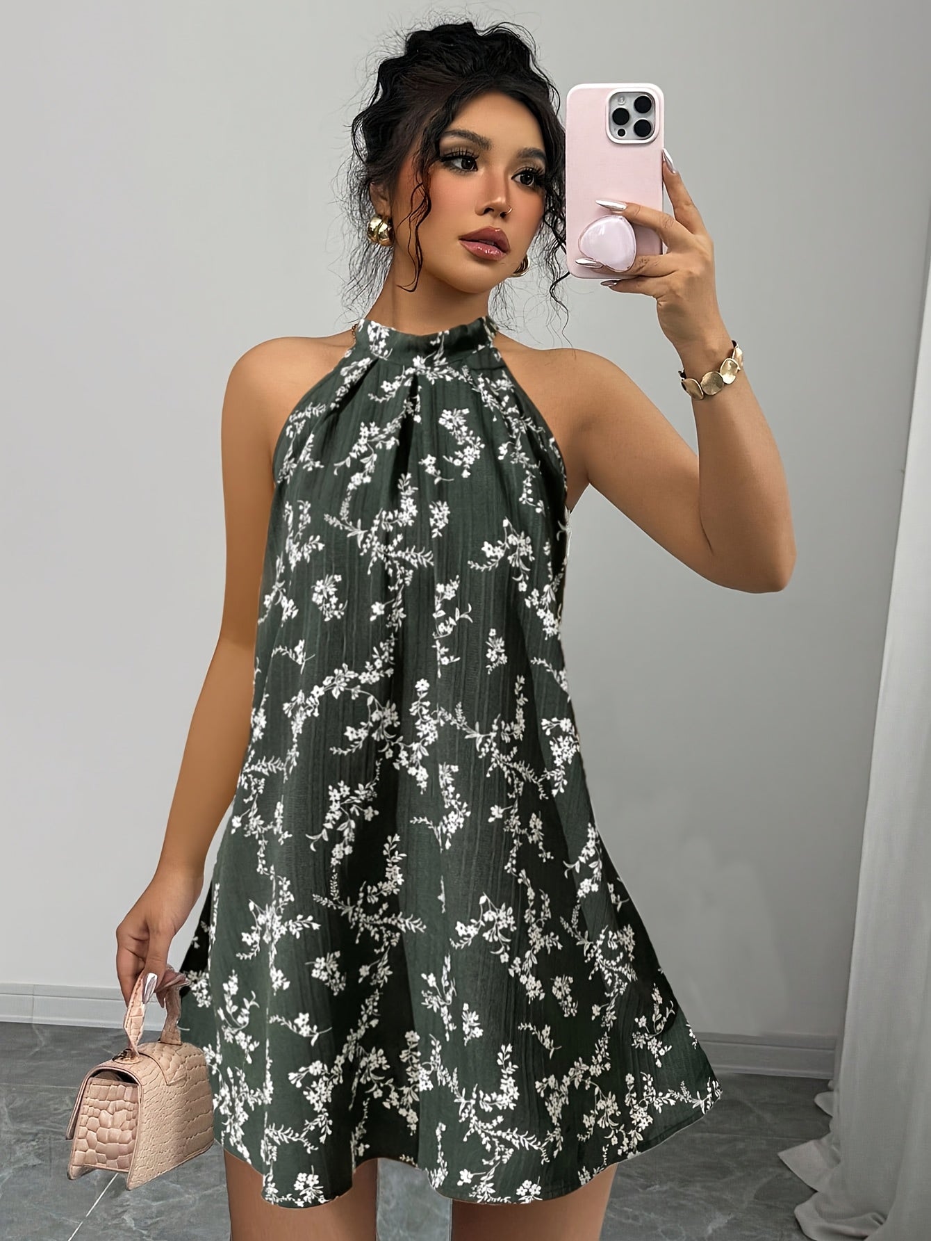 Elegantes Blumen-Halterkleid für Damen – Ärmelloses Mini-A-Linien-Kleid mit Schleife