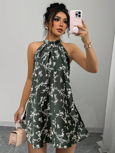 Elegantes Blumen-Halterkleid für Damen – Ärmelloses Mini-A-Linien-Kleid mit Schleife