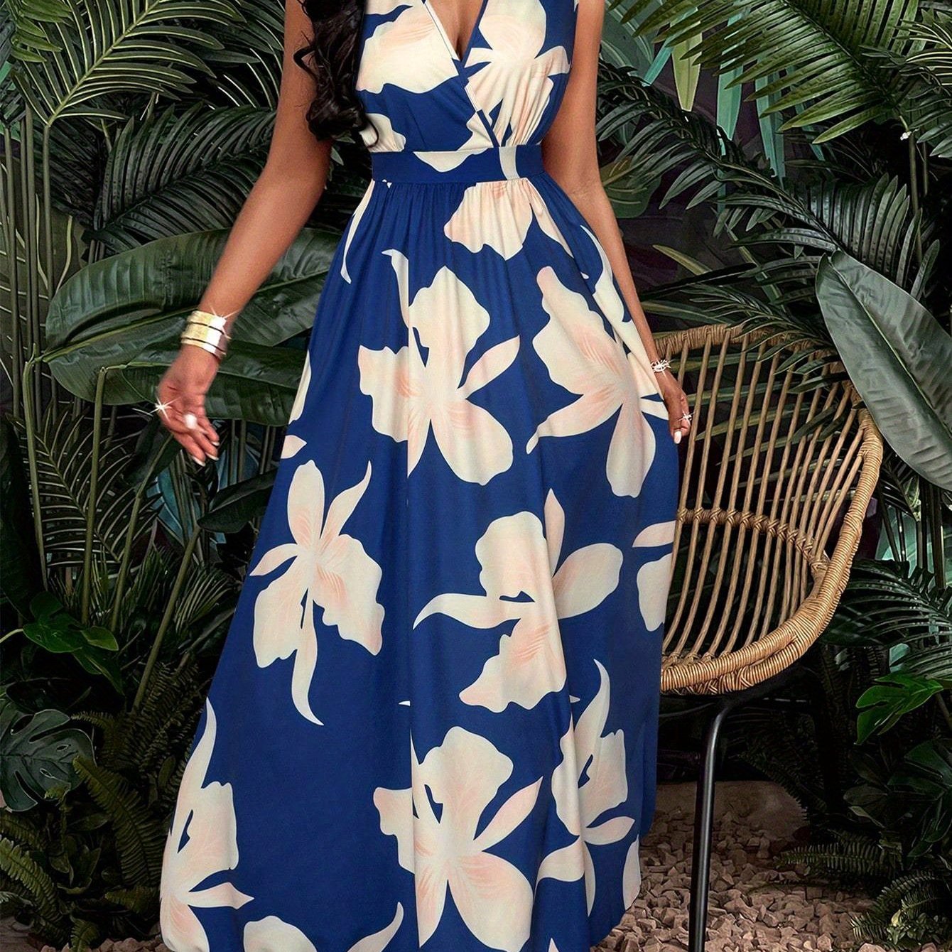 Elegantes Blaues Florales Maxikleid mit Ausschnitt für Frauen