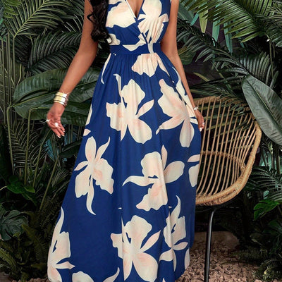Elegantes Blaues Florales Maxikleid mit Ausschnitt für Frauen