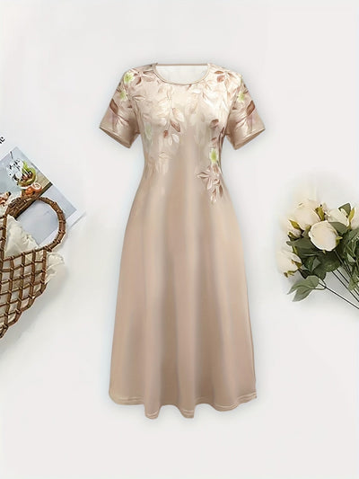 Sommerkleid mit floralem Muster - Khaki, kurze Ärmel, leicht und luftig