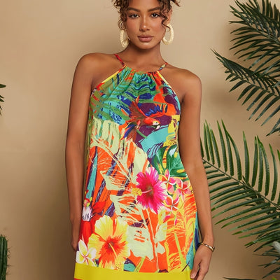 Kurzes Sommerkleid mit Halfter in tropischem Orange, mit Blumenmotiven und Papageien