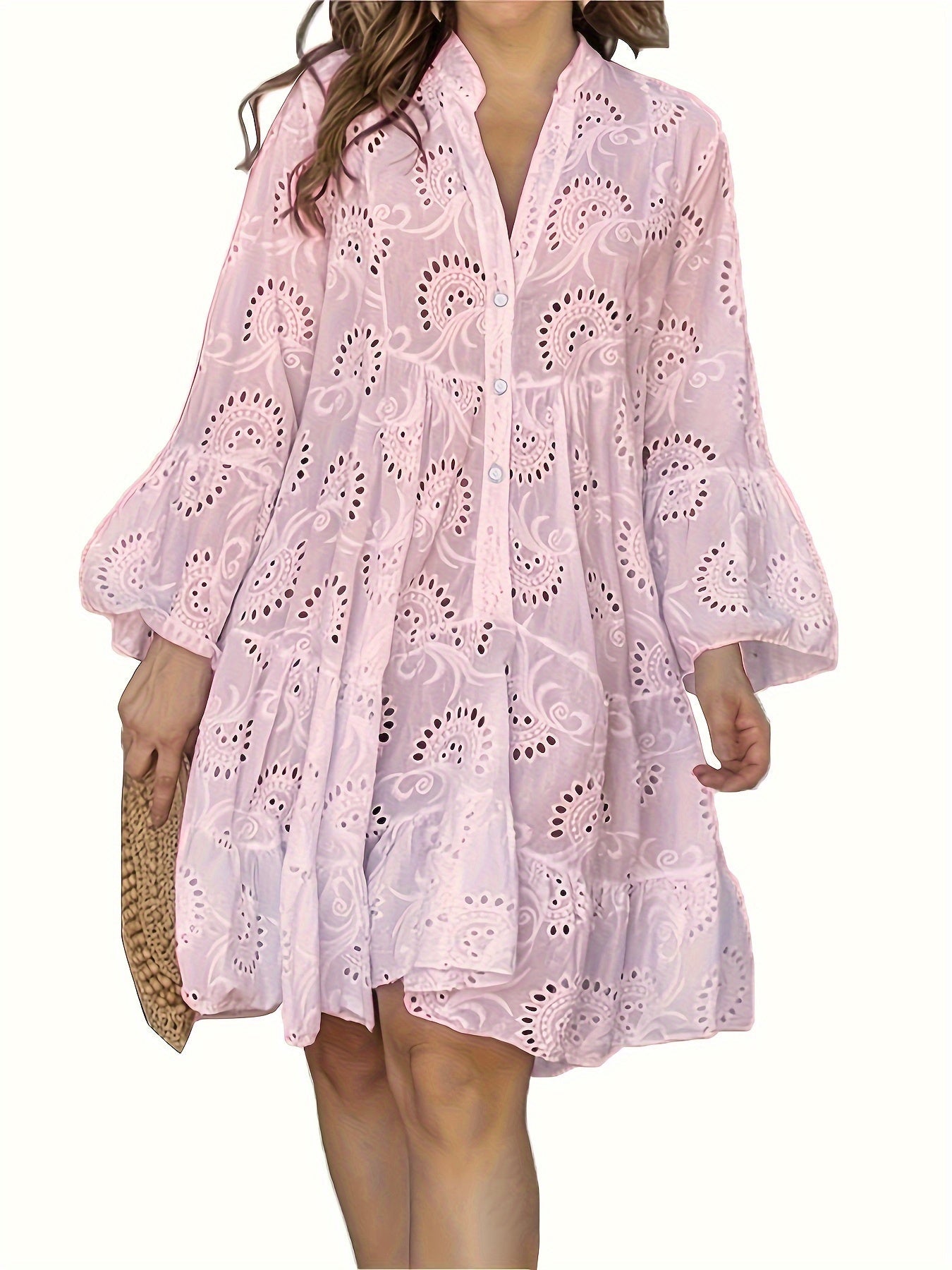 Elegantes Grünes Kleid mit V-Ausschnitt und Bestickten Glockenärmeln