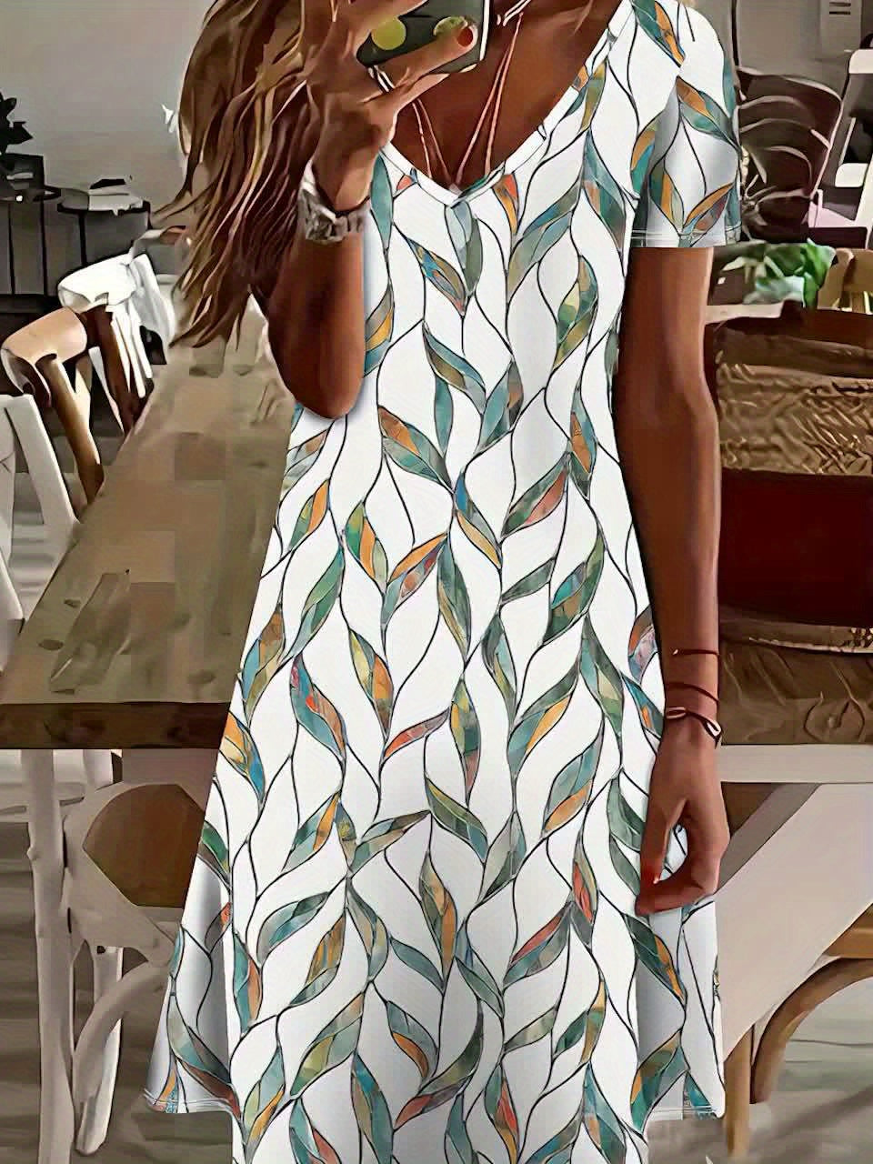 Damen Midi-Kleid im Blätter-Muster
