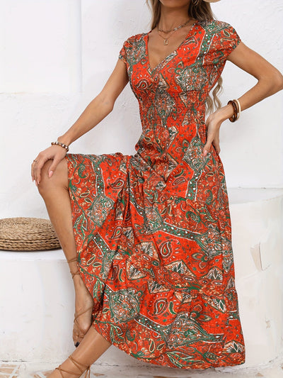 Maxikleid mit Paisley-Muster Roter V-Ausschnitt Ideal für den Urlaub
