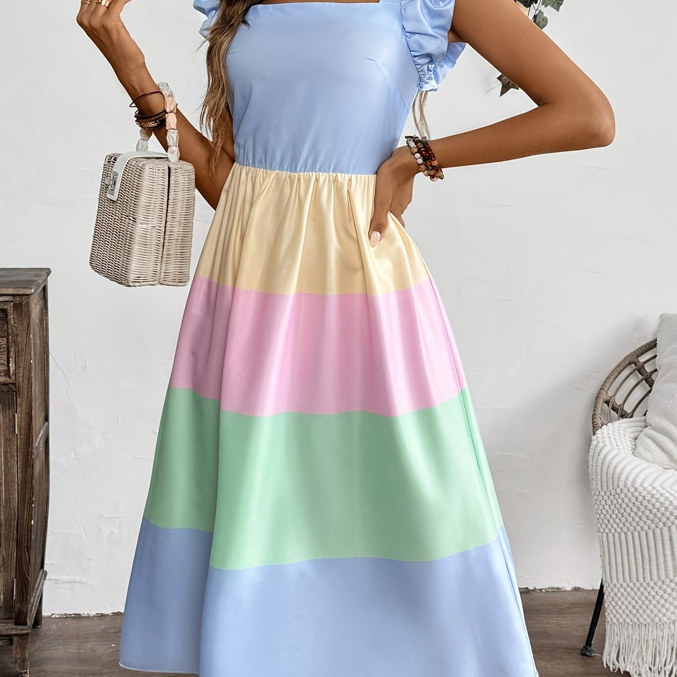 Gestreiftes Damenkleid Quadratischer Ausschnitt, Puffärmel Blau
