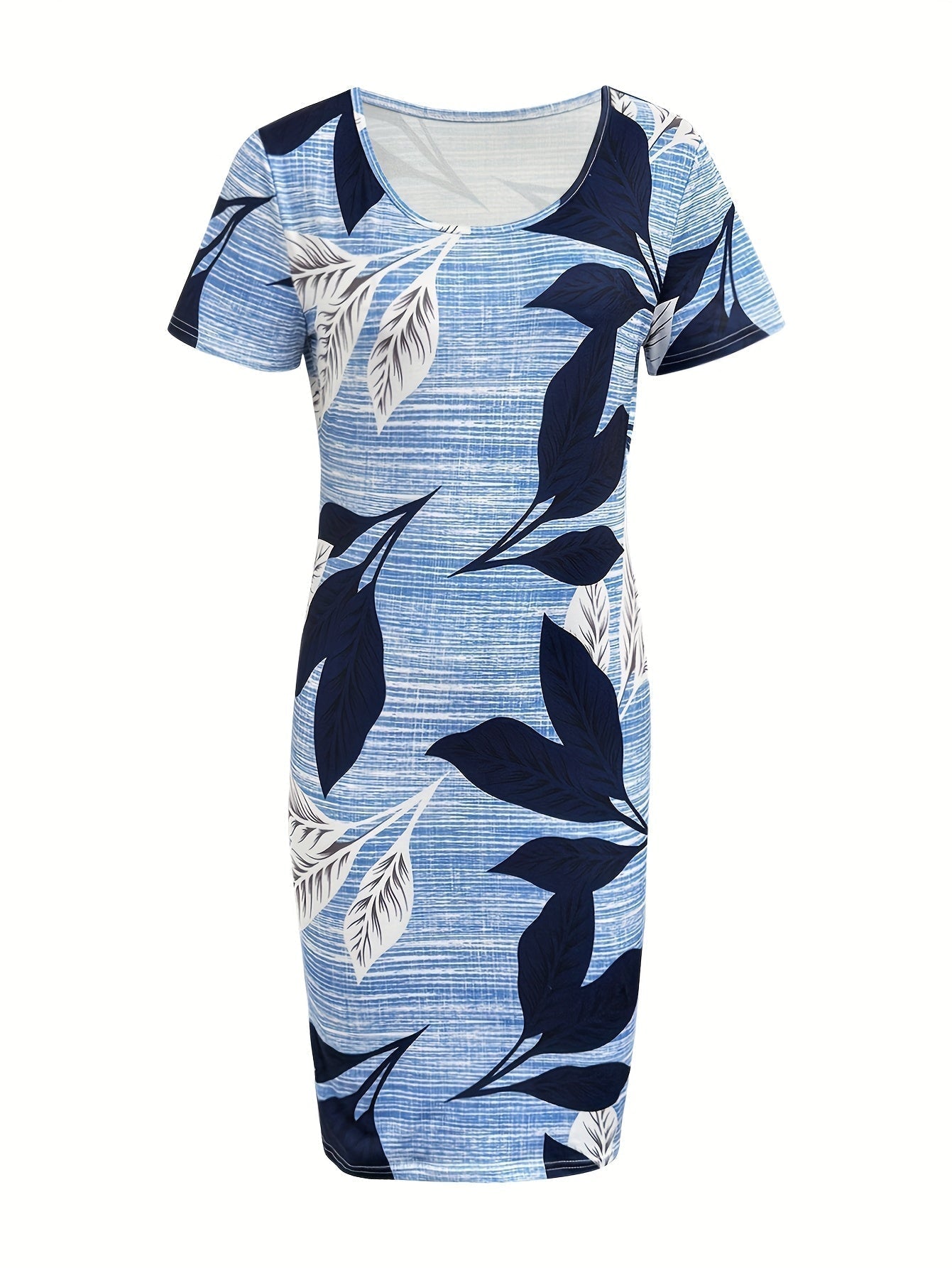 Kurzärmeliges Bodycon-Kleid mit blauem Blattdruck