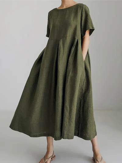 Leinen-Mix Midi-Kleid mit Taschen – Kurzarm Hochtailliert Sommermode