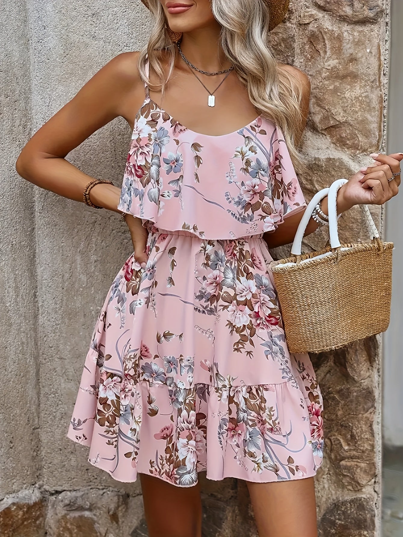 Spanisches rosa geblümtes Sommerminikleid mit Volants