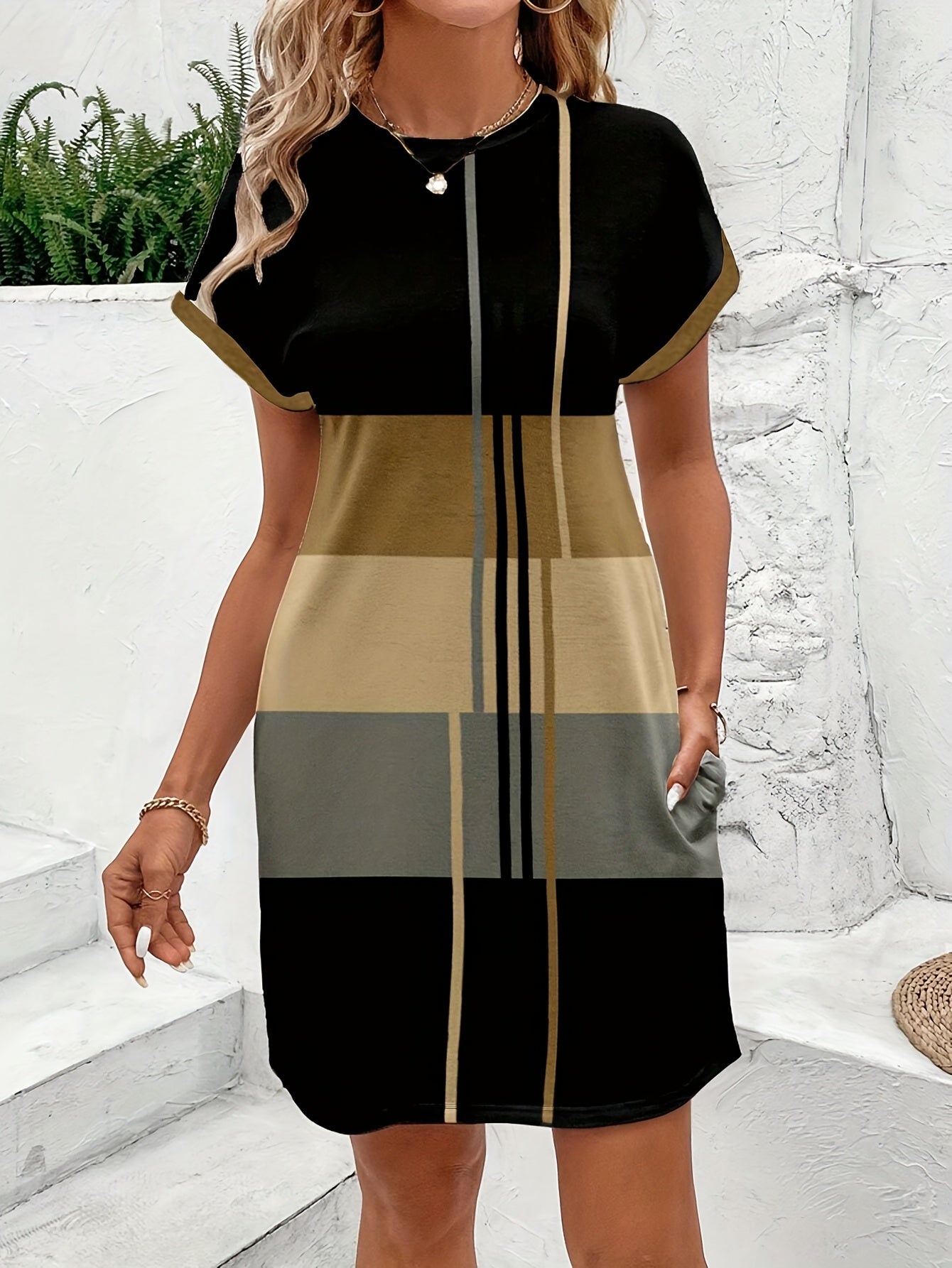 Elegantes asymmetrisches Sommerkleid in Camouflage und Streifenmuster - Farbmix