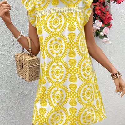 Sommerkleid für Frauen in Gelb und Weiß mit Mandala-Motiv, ausgestellt mit Volants