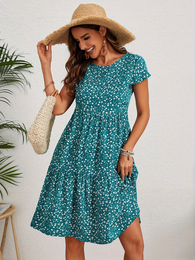 Leichtes Vintage-Kleid – Blumendruck, Kurzarm, Rundhalsausschnitt, feminines Sommerkleid