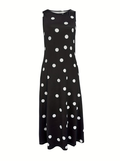 Damen Sommerkleid Polka Dot Langes Ärmelloses Schößchen Bequemes Urlaubskleid
