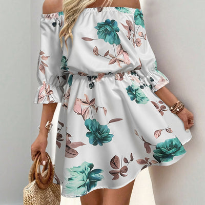 Schulterfreies Kleid mit Blumenprint – A-Linien-Schnitt und Volantärmeln