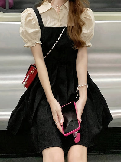 Schwarz-weißes Hemdkleid mit Puffärmeln und flachem Kragen