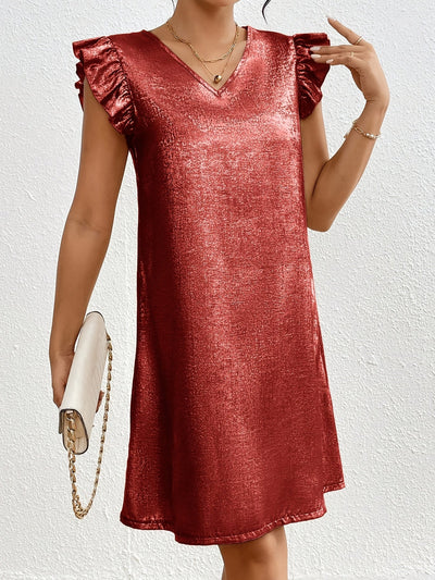 Elegantes Tunika-Kleid mit V-Ausschnitt und Rüschenärmeln – Rostrot