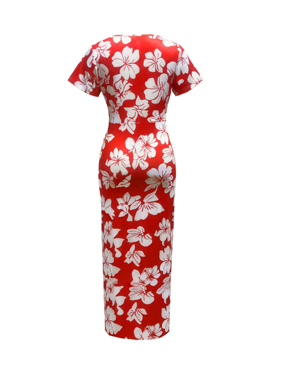 Rotes Bodycon-Kleid mit Blumenmotiv Mini-V-Ausschnitt Kurze Ärmel