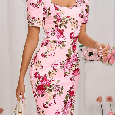 Damenkleid mit Blumenmuster, quadratischem Ausschnitt und Reißverschluss