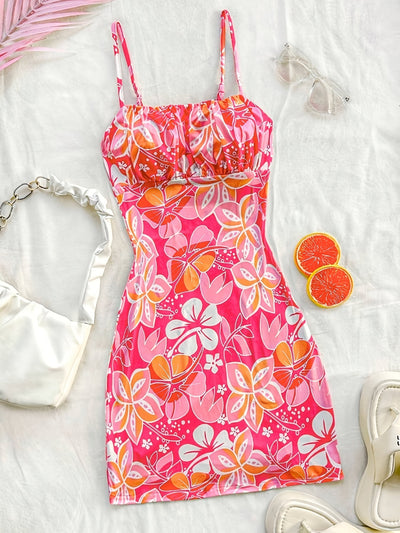 Rosa Bodycon-Kleid mit Blumenmuster im Strand-Stil für den Sommer mit drapiertem Detail