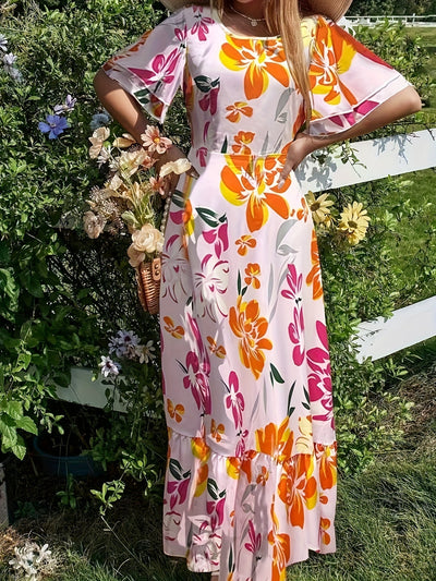 Langes Damen-Blumenkleid mit Rüschen - Multicolour