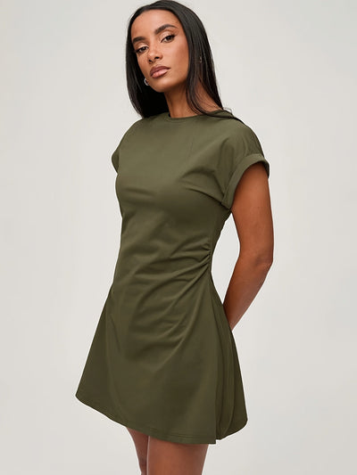 A-Linie Sommerkleid mit Falten und kurzen Ärmeln Farbe Khaki Modischer Schnitt