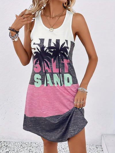 Ärmelloses Sommerkleid mit Palmenprint und Schriftzug