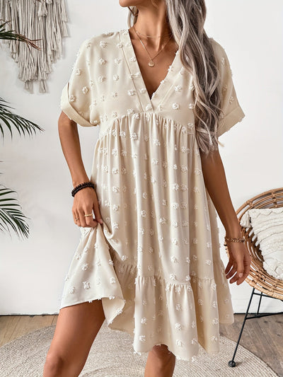 Eryu Damenkleid mit V-Ausschnitt und Knöpfen – Apricot, ideal für den Alltag
