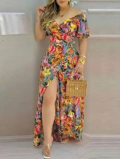 Langes geblümtes Maxikleid mit Rüschen - mehrfarbig
