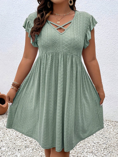 Elegantes Übergröße Midi-Kleid Lochstickerei, Rüschen & V-Ausschnitt