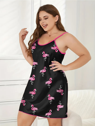Plus Size Damen Satin Slip Kleid – Flamingo-Druck, Ärmellos, Rosa Besatz, Maschinenwaschbar