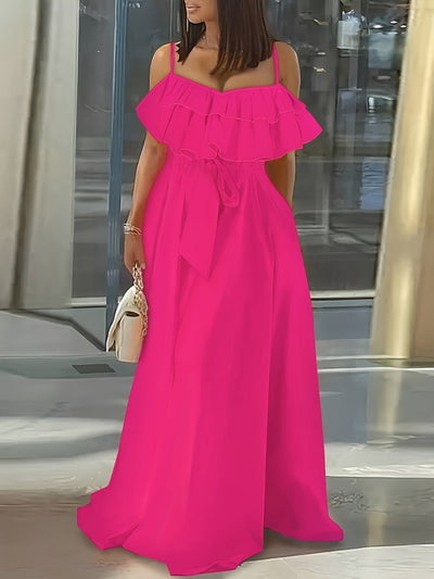 Maxikleid Damen – Ärmellos Rüschen Tie-Waist Sommerkleid