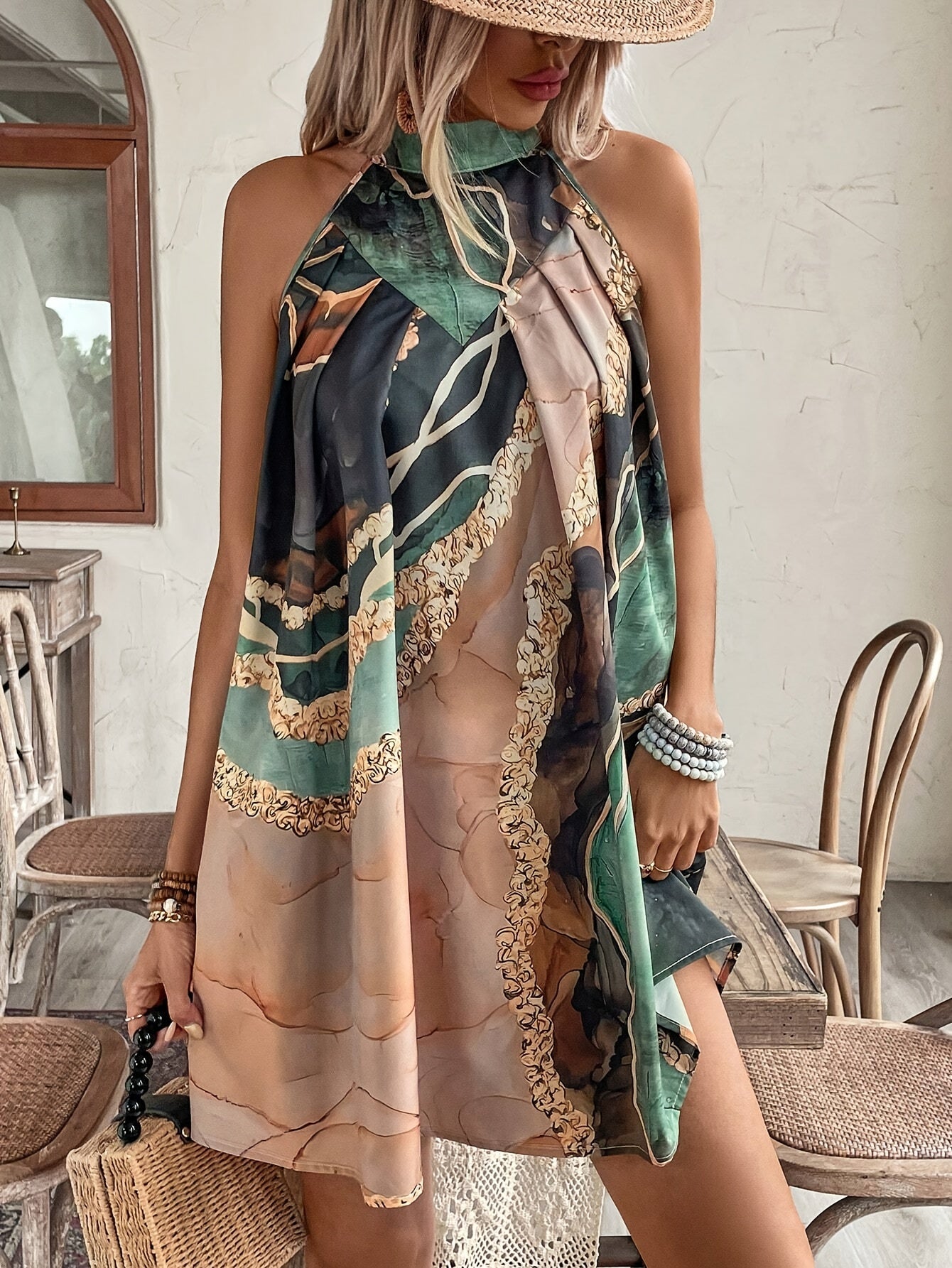 Halterneck Midi Kleid mit Print, Asymmetrischem Saum & Taillenband