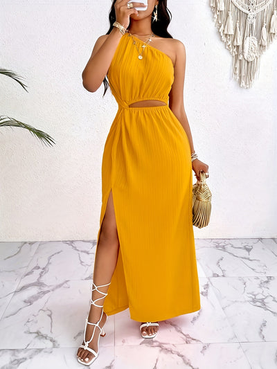 Asymmetrisches Maxikleid mit einem Schulterträger – Gelb, mit hohem Schlitz