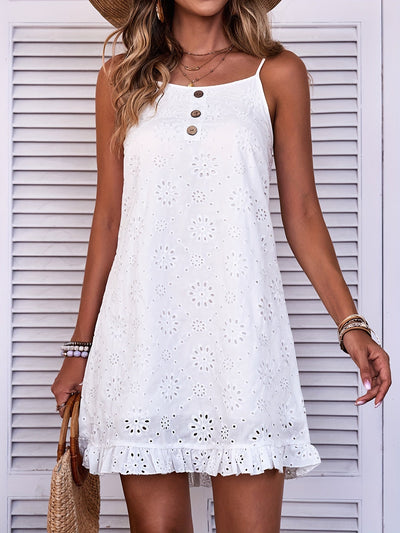 Weißes Lochstickerei-Kleid mit Trägern und Knöpfen – Sommer