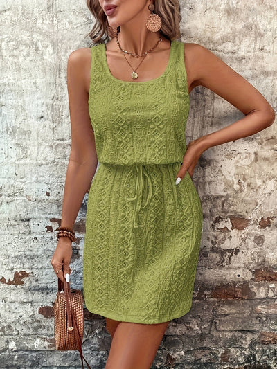 Elegantes Kleid mit Spitze und Kordelzug in der Taille Geometrisch weiß ärmellos