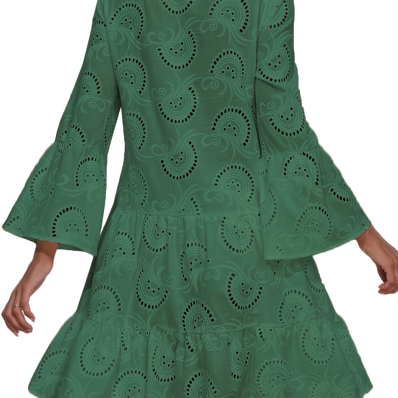 Elegantes Grünes Kleid mit V-Ausschnitt und Bestickten Glockenärmeln