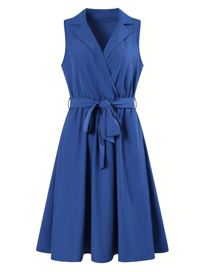 Elegantes A-Linien-Kleid mit Gürtel für den Alltag, Blau, Polyester