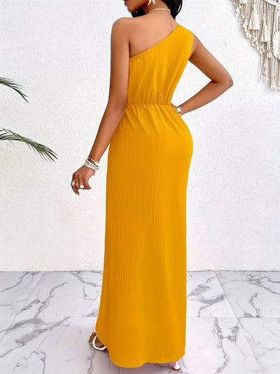Asymmetrisches Maxikleid mit einem Schulterträger – Gelb, mit hohem Schlitz