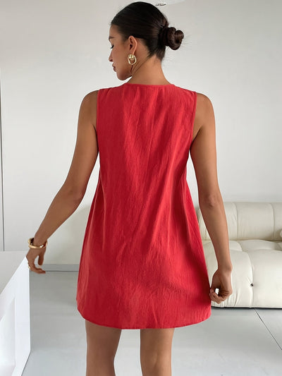 Rot-weißes ärmelloses Sommer-Minikleid mit Bindebändern vorne von A-Line