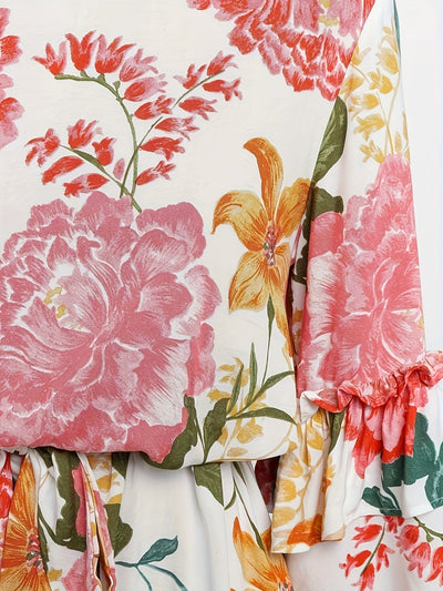 Rosa Sommerkleid für Frauen mit Blumenmotiv, in der Taille mit Rüschen gebunden