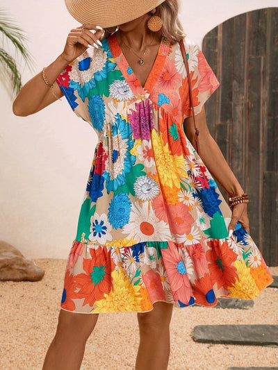 Elegantes V-Ausschnitt Sommerkleid Florales Druckdesign