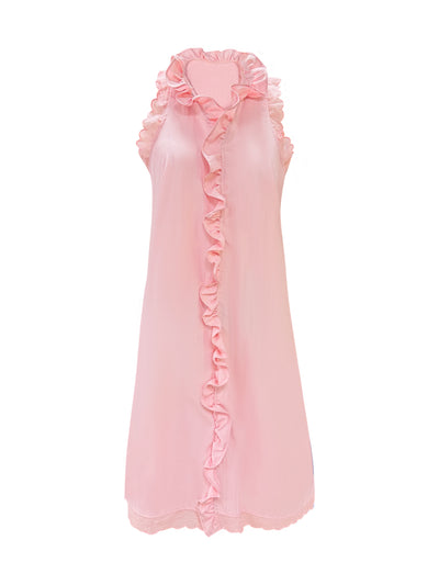 Ärmelloses Sommerkleid aus eleganter rosa-weißer Spitze und Plissee