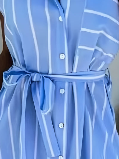 Elegante Tunika mit Streifen und Gürtel, blaues Sommerkleid