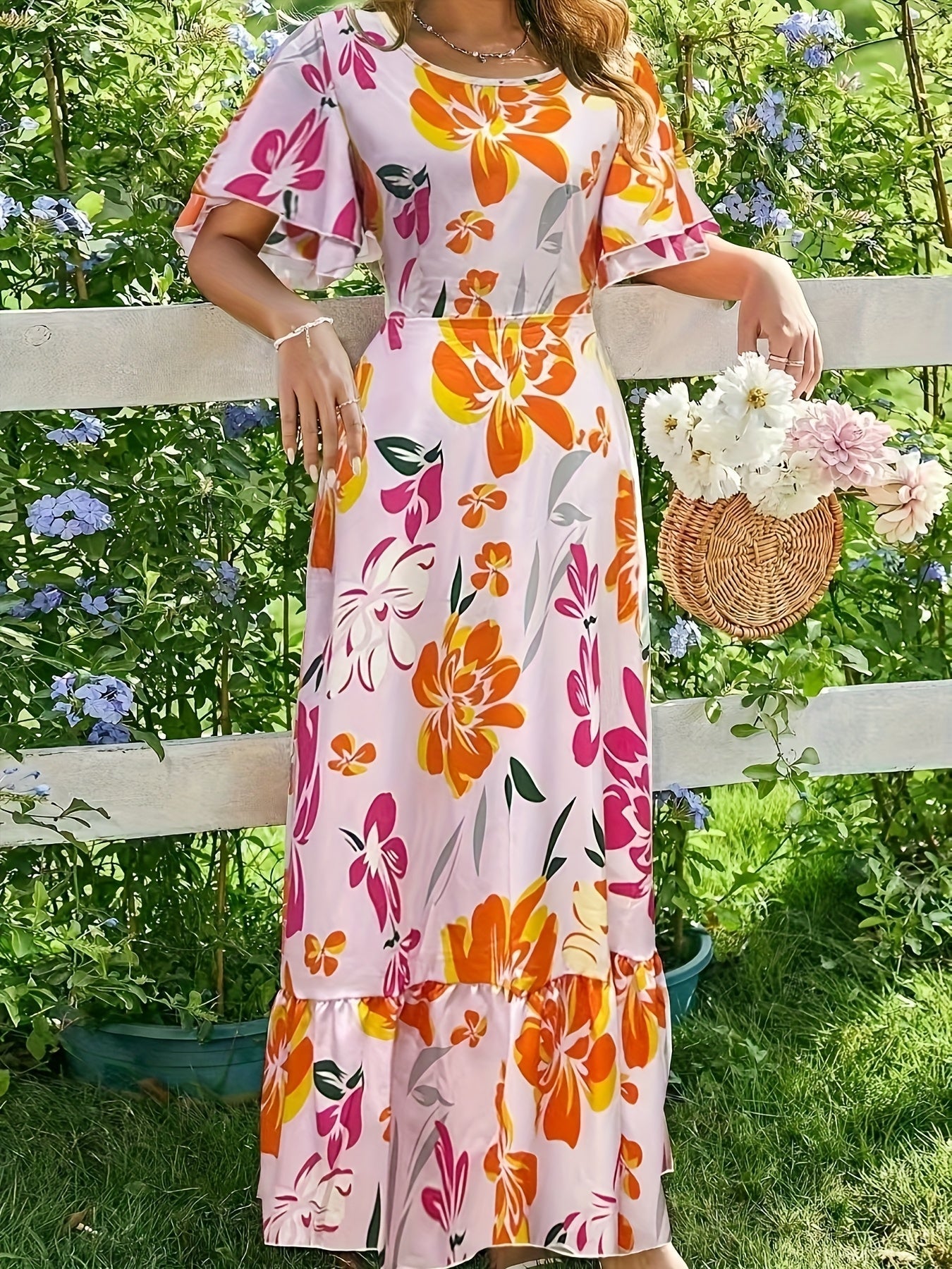 Langes Damen-Blumenkleid mit Rüschen - Multicolour