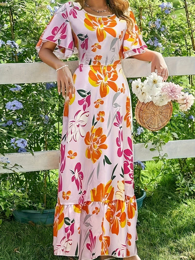 Langes Damen-Blumenkleid mit Rüschen - Multicolour