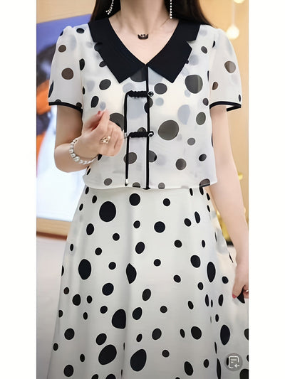 Stylisches Schwarz-Weißes Erbsenkleid - A-Linien-Schnitt, V-Ausschnitt, kurze Ärmel